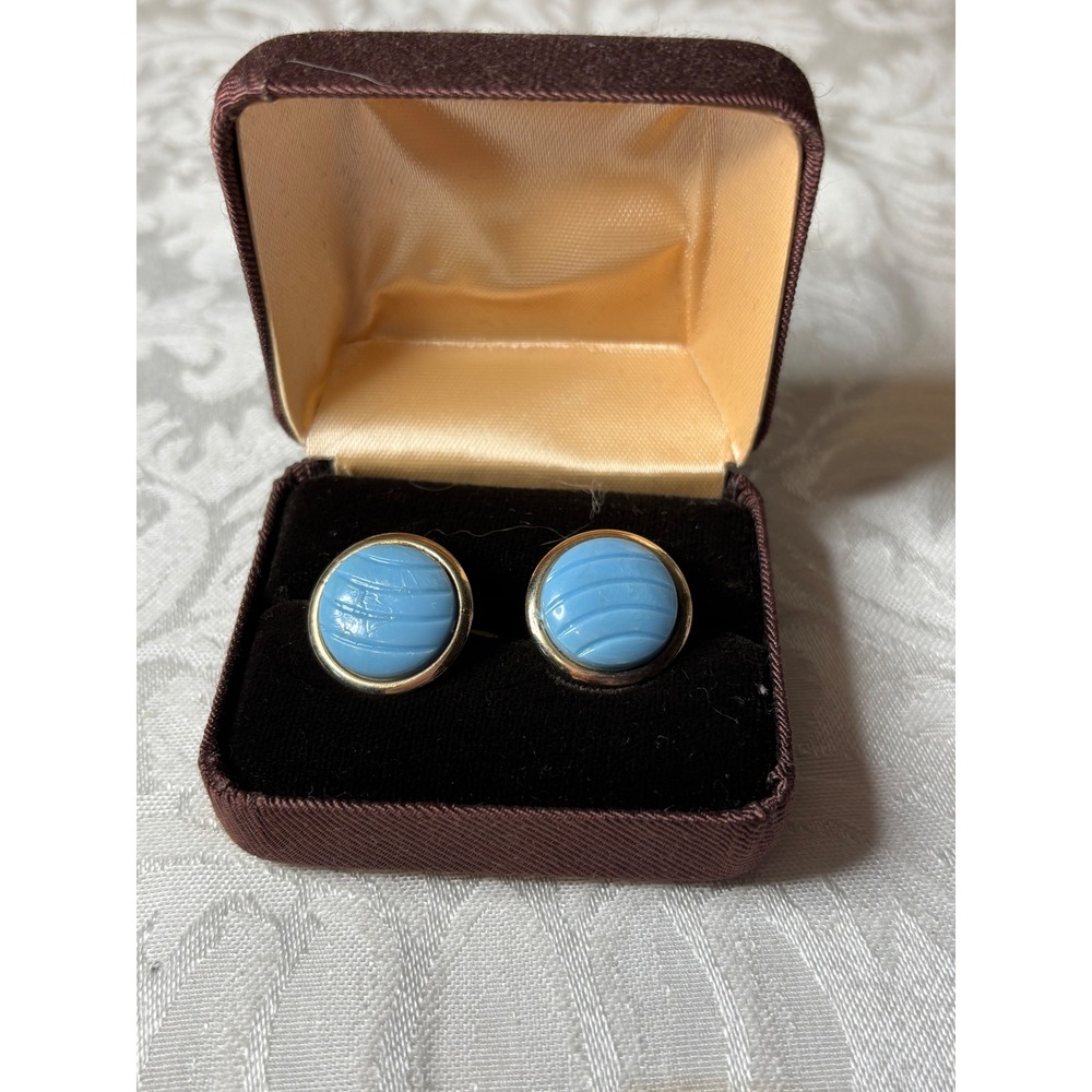 Gold Tone Round Light Blue Ribbed Cabochon Cufflinks with Box MCM
